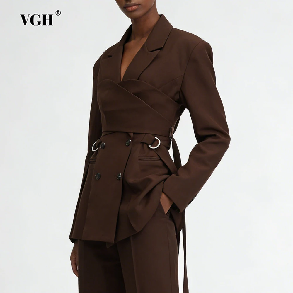 VGH French Style Slimming Trend Chic Blazers For Women V Neck Long Sleeve Spliced Button Autumn Elegant Jackaet Female Fashion