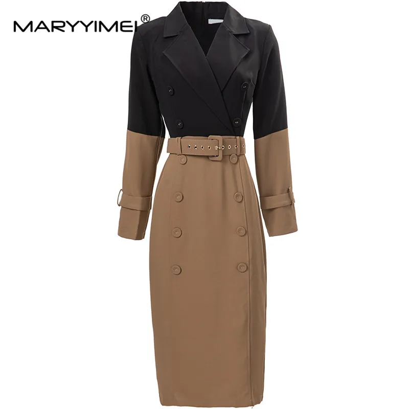 

MARYYIMEI Fashion Designer Spring Women's dress Long sleeved Double breasted Belt Patchwork Package hip Dresses