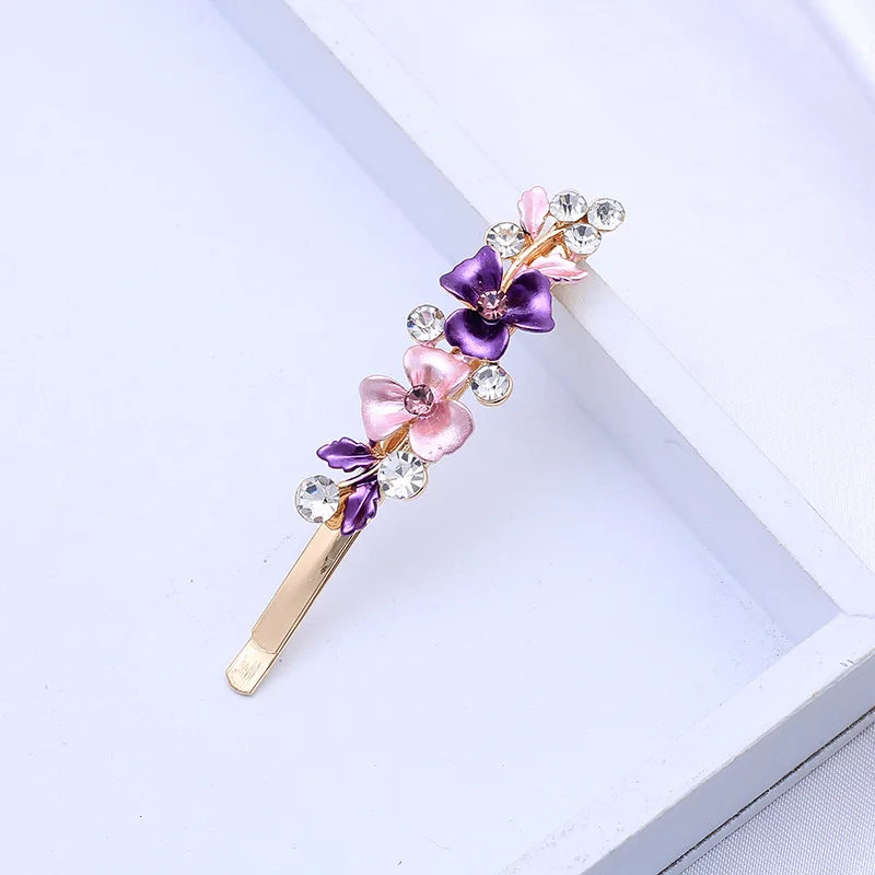 Vintage Flower Hair Pins Women Barrette Bobby Decorative Metal Gold Tone Hairpins Colorful Floral  Hair Clips French Rhinestone