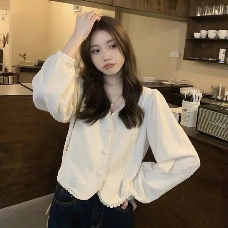 Korean Irregular Short Blouse Spring Autumn New Long Sleeve Solid Color V Neck Fashion Shirt Tops Elegant Sweet Women Clothing