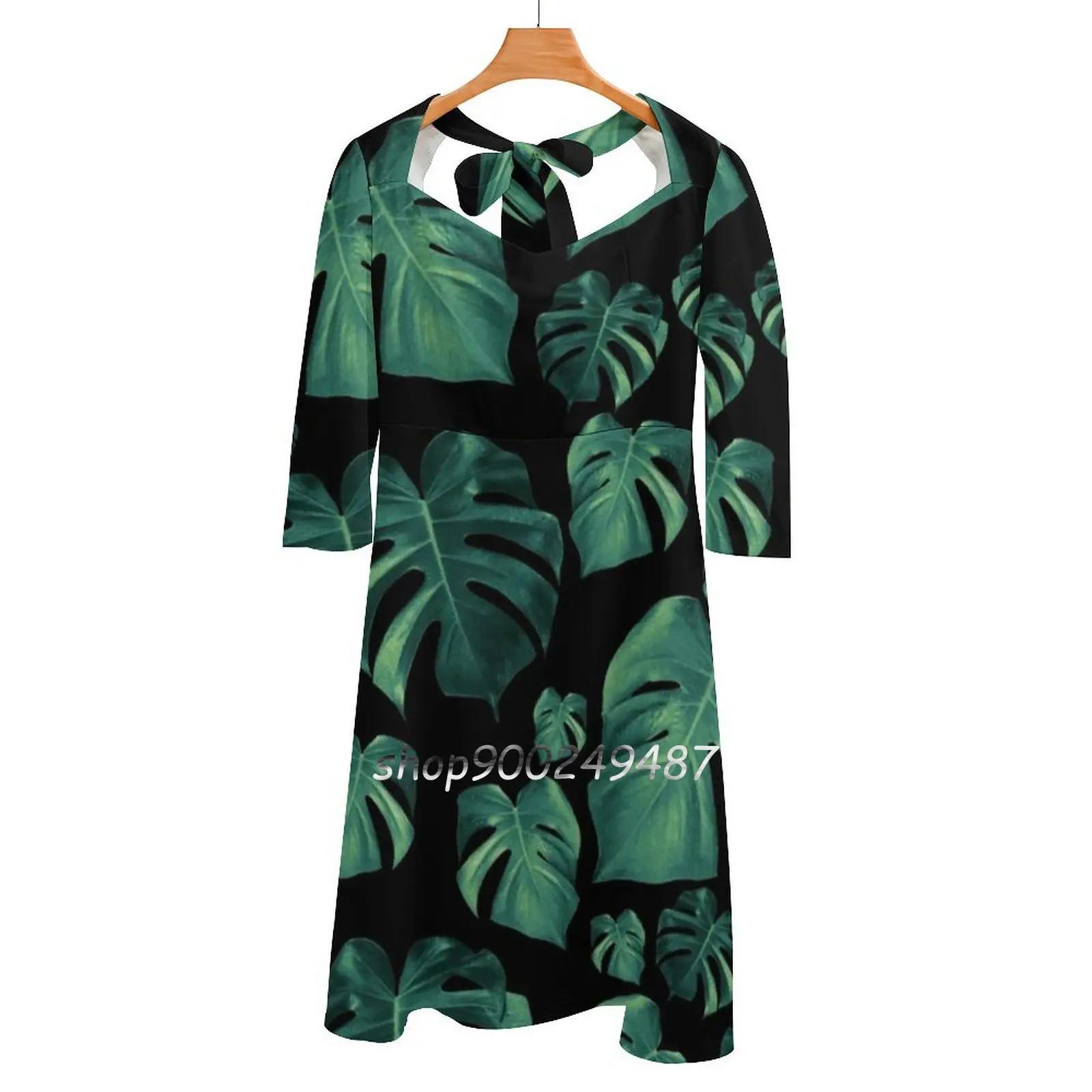 Tropical Monstera Pattern #4 #Tropical #Decor #Art Square Neck Dress New Plus Size Elegant Women Waist Tight Dress Collage