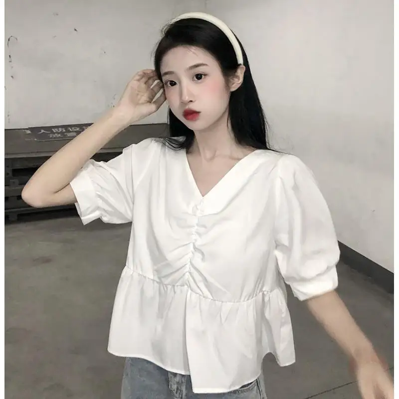 Folds Shirts and Blouses Korea Short Sleeve Top Women 2024 Summer V-neck Sweet Blouses Cute Elegant Solid White Ruffles Clothes