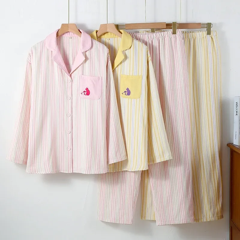 

New Kitten Embroidered Pure Cotton Three-layer Gauze Pajamas Women's Striped Long-sleeved Loungewear Turn-down Collar Sleepwear