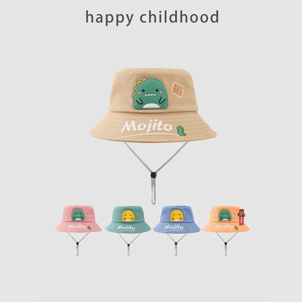 Children's Caps Spring New Leather Label Dinosaur Cartoon Bucket Hats Kid's Leisure Sunshade Cute Fisherman Hat