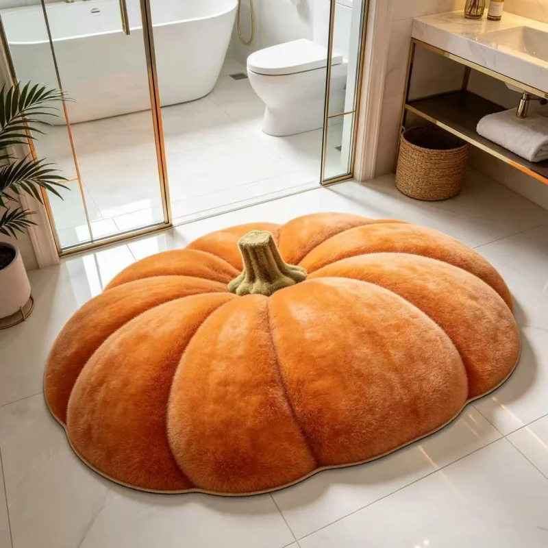 VIKAMA Lovely Shaped Pumpkin Fluffy Plush Rug Non Skid Water Absorbent Floor Mat Hallway Bathroom Autumn Thanksgiving Home Deco