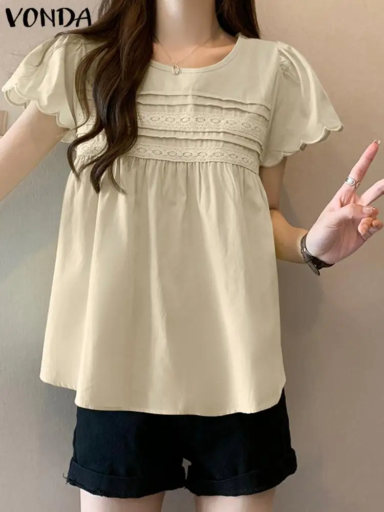 Elegant Women Summer Shirts 2024 Fashion Loose Blouse VONDA Lace Solid Color Short Sleeve Tunic Tops Oversized Blusas Femininas