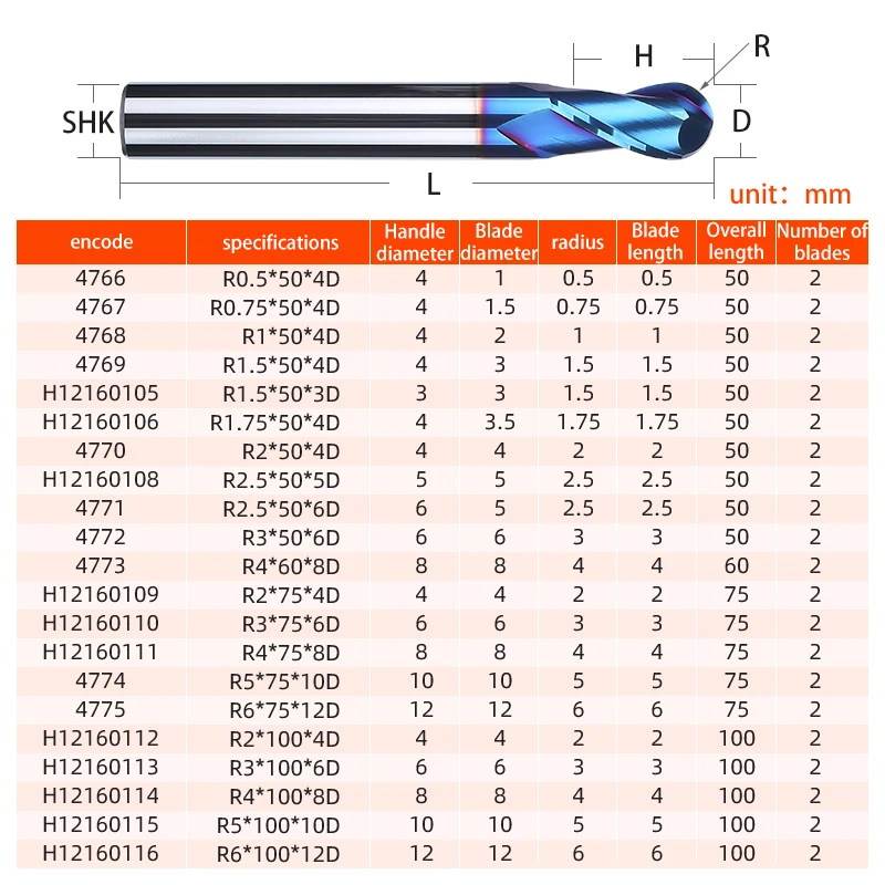 LIDIAO-Fresa de extremo de punta de bola, herramienta esférica CNC de 6mm y 8mm, broca de enrutador de 2 flautas, Corte Superior de Metal HRC65