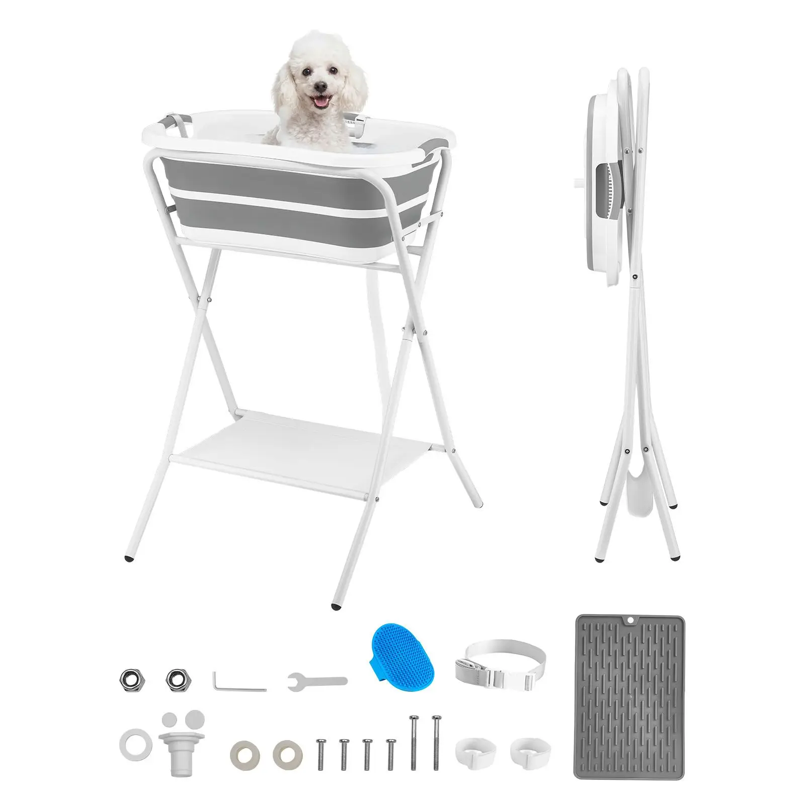 Collapsible 2-in-1 Portable Foldable Pet Bathing & Grooming Wash Station Space-Saving Elevated Dog Bath Tub Built-In Features