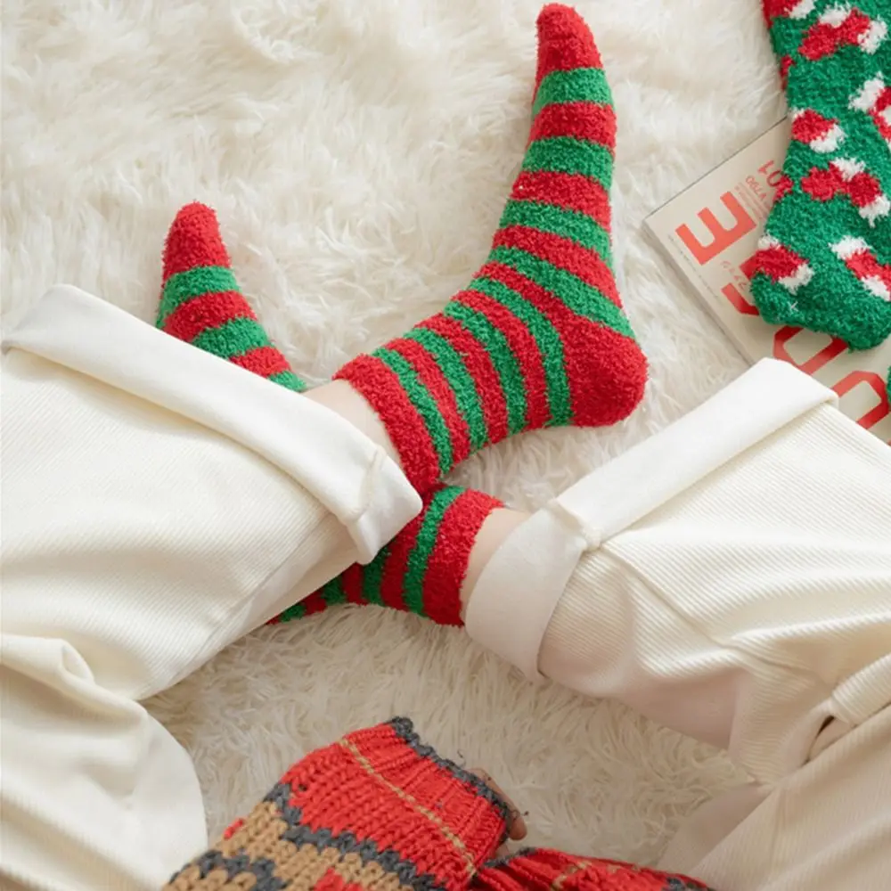 Comfortable Cute Cartoon Cold-proof Stripe Coral Fleece Santa Claus Elk Hosiery Women Short Socks Winter Socks Christmas Socks