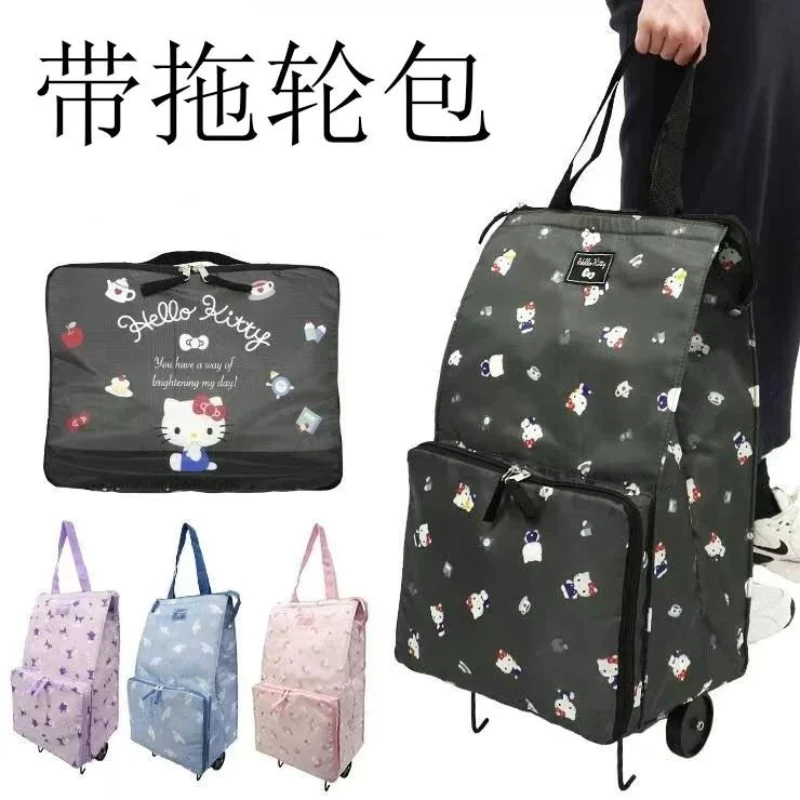 

Hello Kitty Kuromi Sanrio Foldable Trolley Shopping Bag Outdoor Rolling Portable Insulated Cooler Supermarket Grocery Fresh Bags