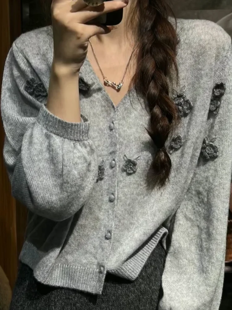 

Ele Knitted Cardigan with 3D Flower Design Versatile Agel Top for Autumn Season Korean Sle Loose Fit Long Sve