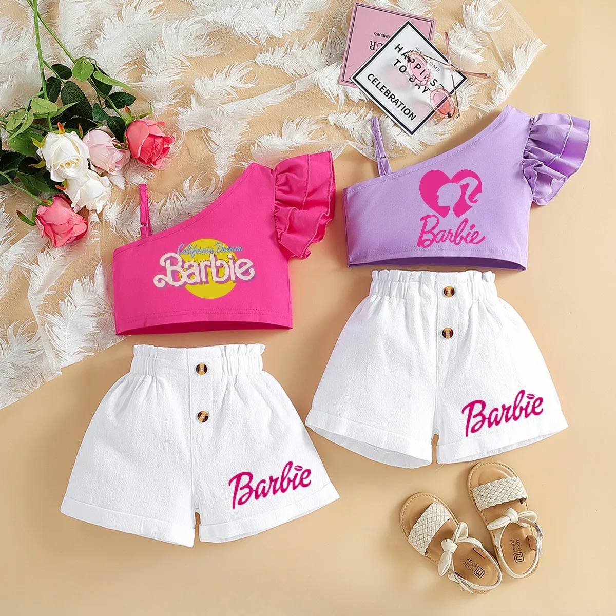 Barbie Children Clothing Kawaii Soft Summer Suit Y2K Girls Slanted Shoulders Suspender Top Shorts All Match Loose Short Sleeve