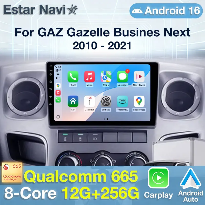 CarPlay sem fio e Android Auto para GAZ Gazelle Business Next 2010-2021, rádio automotivo multimídia com Android 16 Player, SWC, 2 DIN.