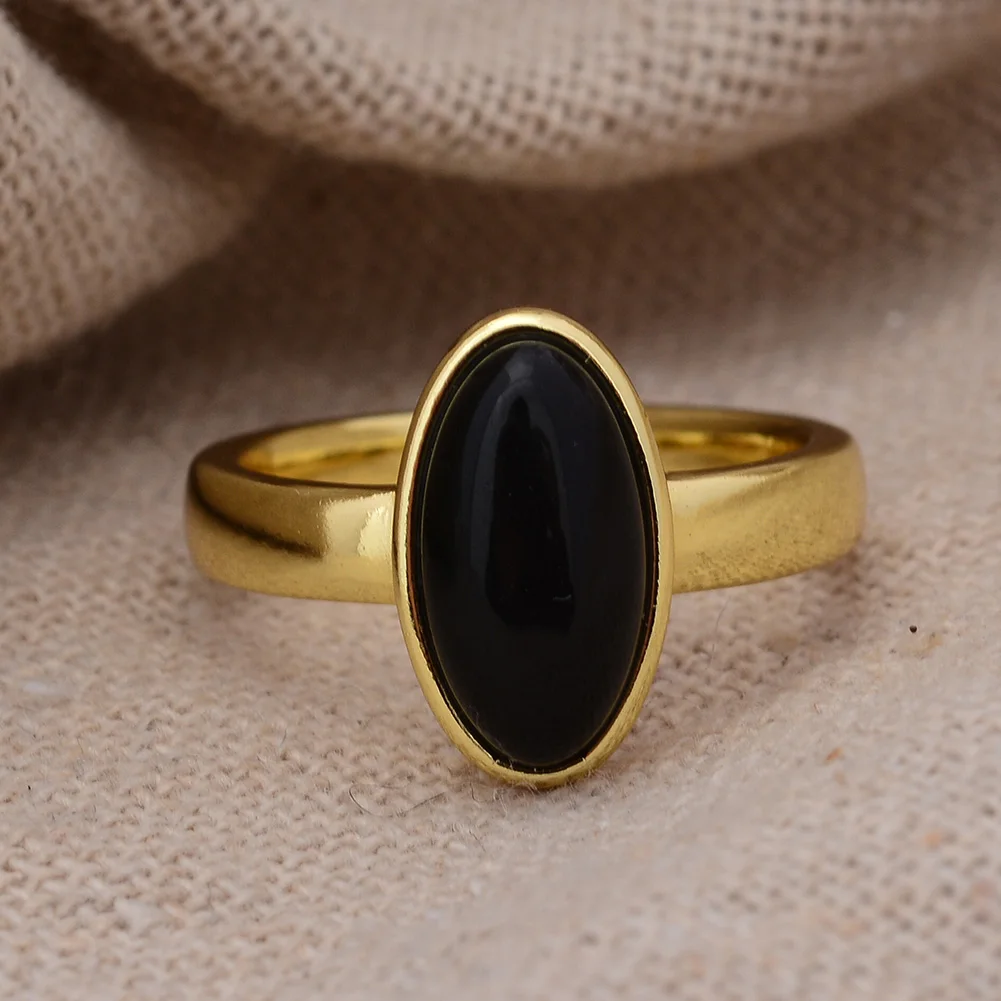 New Arrival Yellow Gold Color Fashion Black Rhinestone Oval Design Ladies Finger Rings Promotion Jewelry For Women Gifts