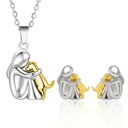 FashionTwo Tone Little Girl and Dog Earring Necklace Jewelry Set Cute Little Girl Puppy Pendants Necklaces Animal Pet Jewelry