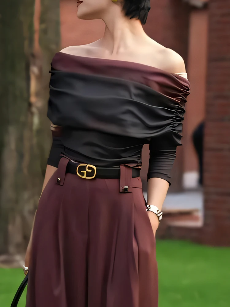 

Ретро-футболка с одним открытым плечом и длинным рукавом, женская, приталенная, универсальная, элегантная, осенняя новинка, корейская версия, для повседневной носки, топ