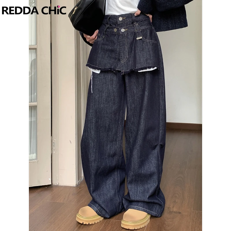 REDDACHiC Navy Blue Mock Baggy Jeans Women 90s Skater Wash Solid Frayed High Rise Straight Wide Leg Denim Pants Vintage Clothes