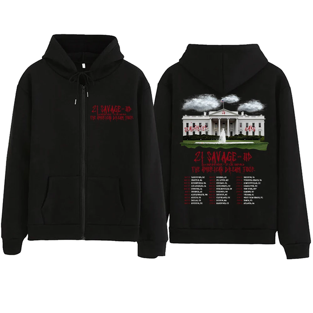 

21 Savage The American Dream Tour 2024 Zipper Hoodie Harajuku Pullover Tops Sweatshirt Streetwear Fans Gift