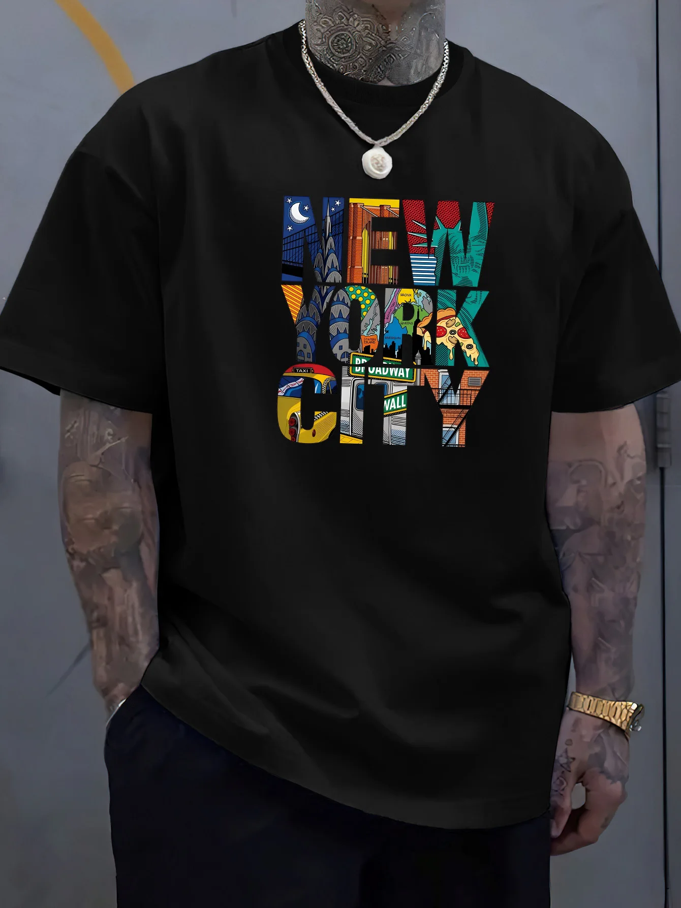Summer men's 100% cotton comfortable casual loose plus size NEW YORK CITY printed sports round neck short sleeved T-shirt top image 5
