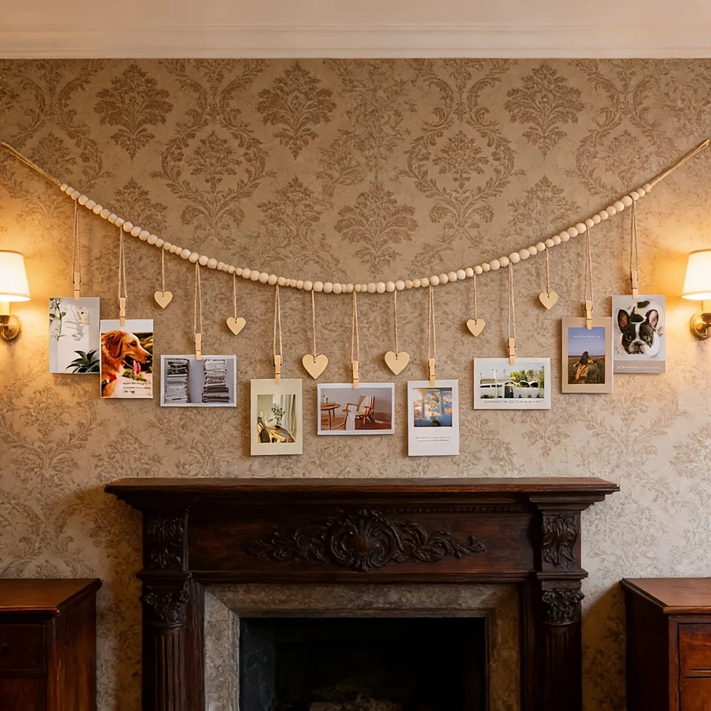 Hanging Photo Display Wall Decor - Rustic Boho Wooden Beads Garland Frame with 9 Wood Clips & 6 Wooden Heart Tags, Picture Card view 5