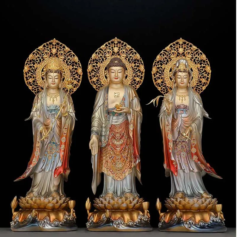 68CM TOP figure gold plating XI FANG SANSHENG Shakyamuni Goddess Guan yin Mahasthamaprapta buddha HOME Shrine statue