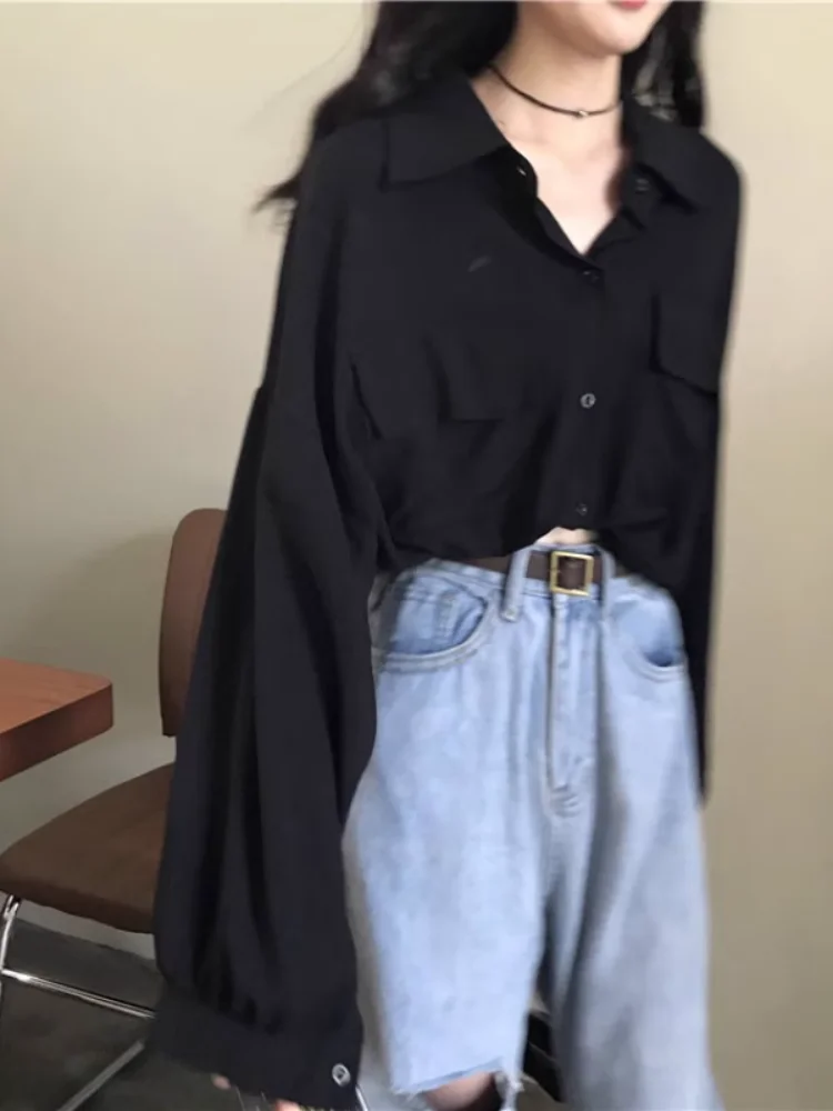 

Spring 2026 New Bla irt Women's Long Sve ort Sle Hong Kong Flavor Design Sensation Retro Hong Kong Sle Sweet Sle