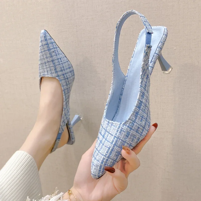 

Brand Designer Slingbacks High Heels Pumps Women Blue Pointed Toe Party Shoes for Woman 2023 Summer Thin Heeled Sandals Ladies