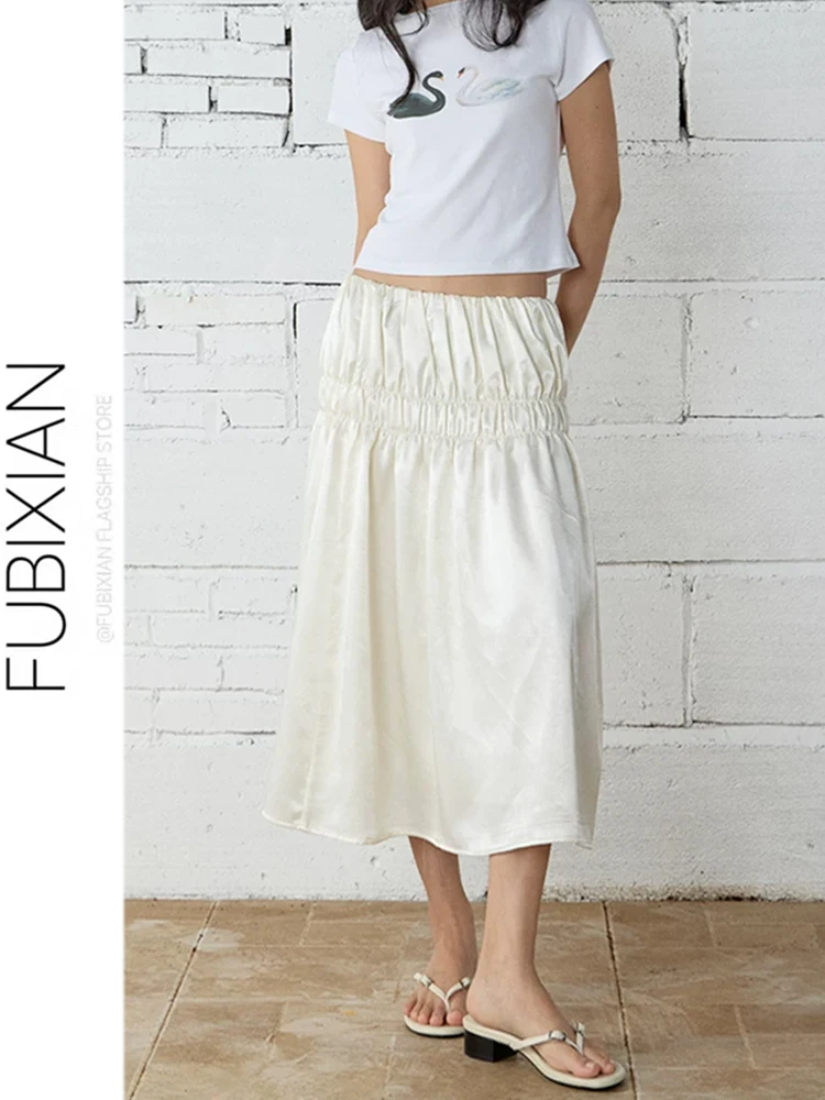 Shiny Wave Satin Half Skirt with Elastic Waist Pleats Versatile Beige Long Skirt Korean Style Low Waist Polyester Fiber