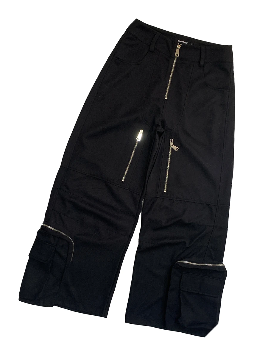 

Весенне-осенние крутые длинные черные мешковатые широкие брюки для мужчин с множеством молний, трехмерные карманы, роскошная дизайнерская одежда штаны мужские 2025