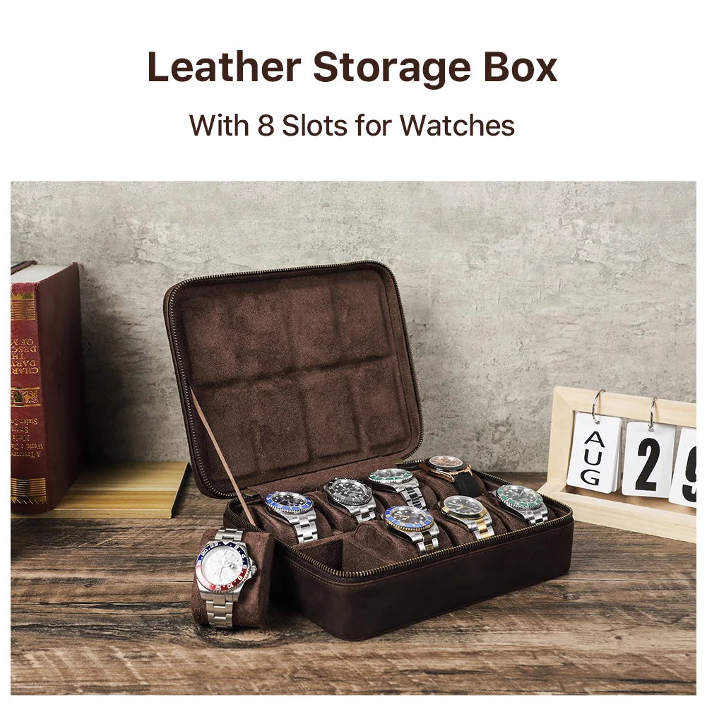 Genuine Leather Luxury 8/10/12 Slots Watch Case Organizer Men Jewelry Storage Box Zipper Travel Box Portable Men Watch Box