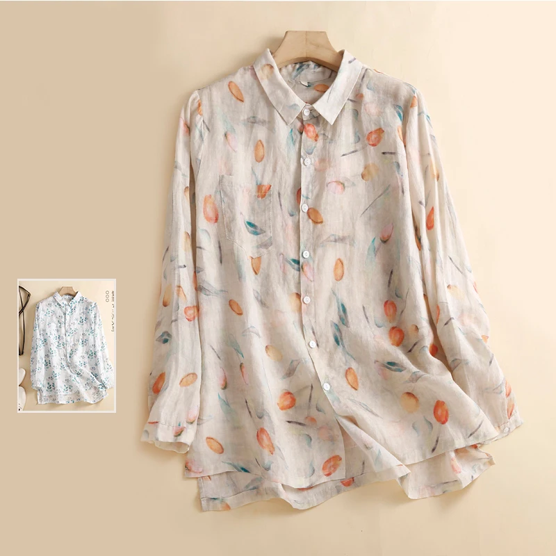 

Высококачественный ретро-конопляный принт, тонкий женский воротник большого размера, длинный све, универсальный асимметричный хлопковый льняной топ, весенний