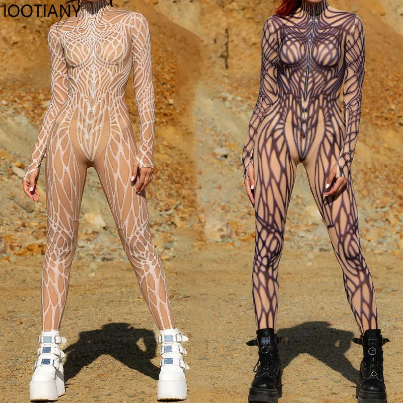 Women Psychedelic Mesh Cosplay Jumpsuit Halloween Catsuit Mesh Festival Party Zentai Suit Rave Unique Suits Burning Man Bodysuit