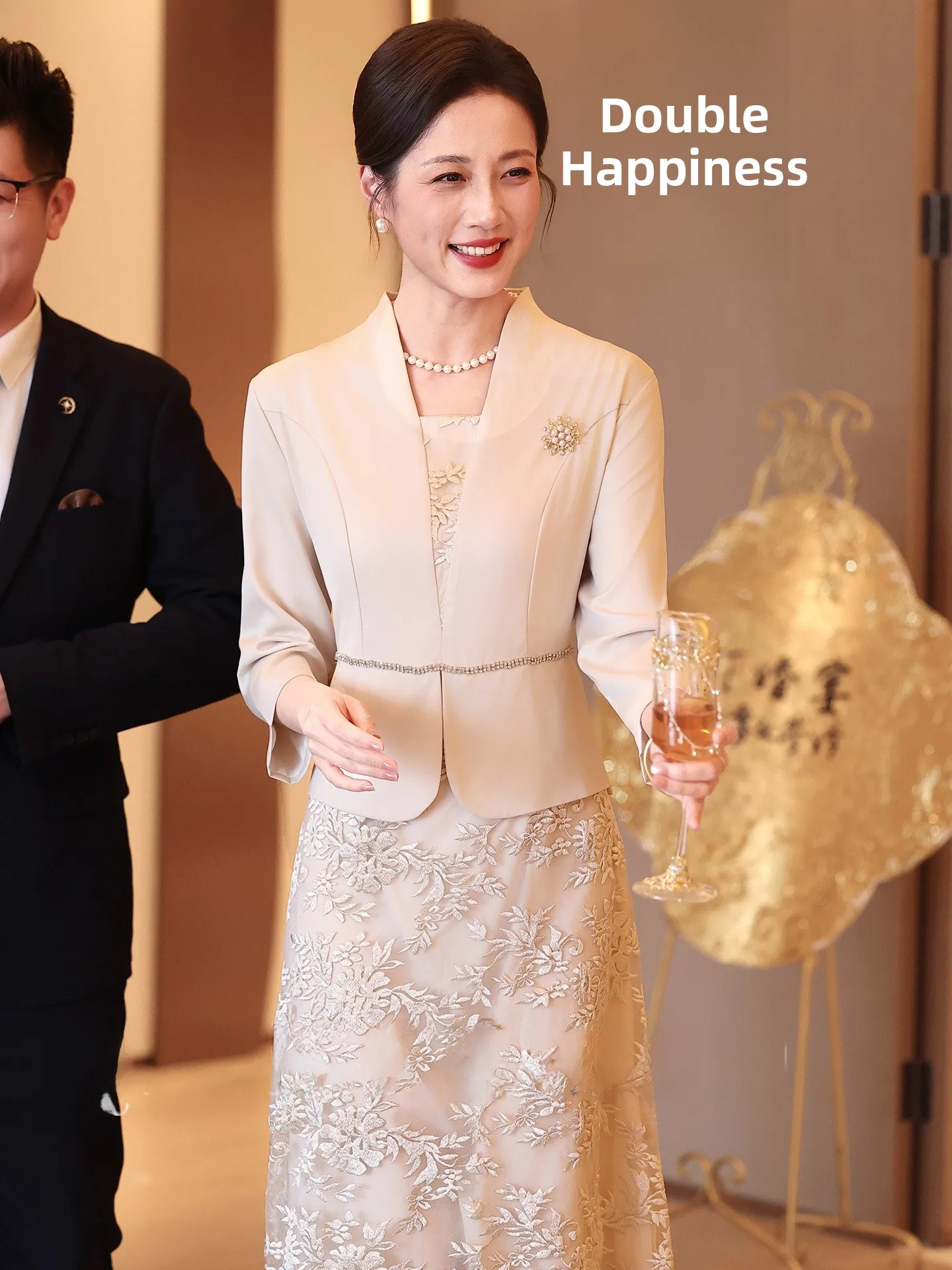 

Wedding Celebration Red Chinese Dress Warmth Seven-Quarter Sleeve Midi Skirt Pure Color Polyester Fiber Mother-In-L...