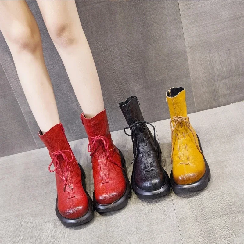 BEYARNE Botas Women Motorcycle Ankle Boots Wedges Female Lace Up Platform Spring Genuine Leather Handmade Shoes Woman