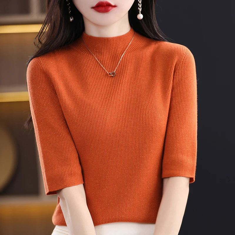سترة نسائية محبوكة بقصة ضيقة من ort Sve بطبقة أساسية f ياقة عالية خمسة Sve Boting Yarn بسيطة تتطابق مع منتصف Sve...