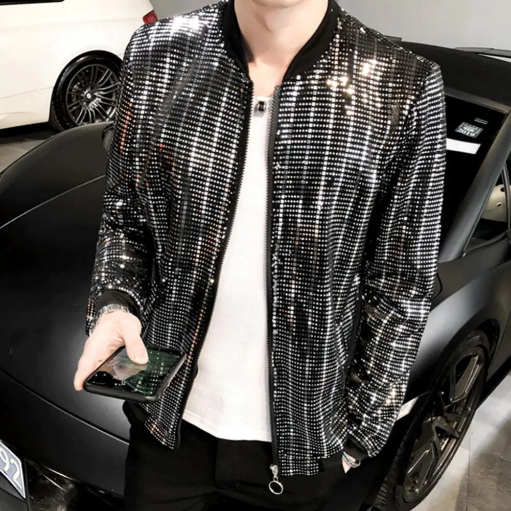 

Slim Coat Pocket Men Coat Long Sleeve Jacket Shiny Sequins Zip Nightclub Singer Fit Coat