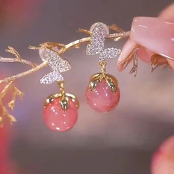 Pink Cat's Eye Pendant Zircon Butterfly Stud Earrings for Women Elegant Exquisite Temperament Sweet Girl Jewelry Birthday Gift