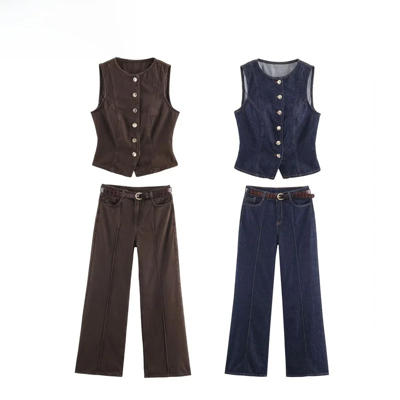 

Осень 2023, женский джинсовый жилет с поясом, длинные брюки, модный комплект, облегающий круглый кожаный комплект Ne No Sve, размер для взрослых