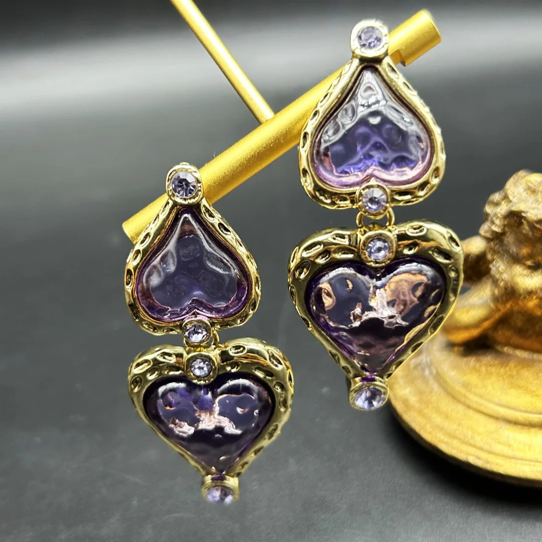 Medieval Vintage Retro Gold Plated Wind Love Pendant Earrings Jelly Glazed Lava Effect Silver Needle Earrings