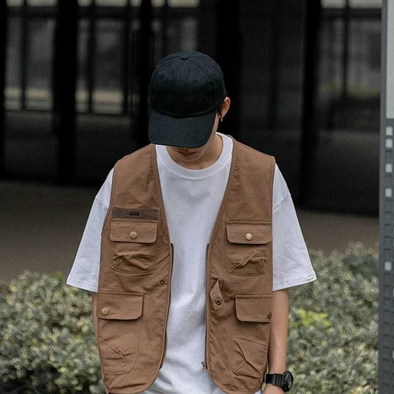 

American Retro Men's Workwear Vest Loose Fit Multi Pocket Utility Jacket Japanese Style Spring Autumn Casual Outerwear​
