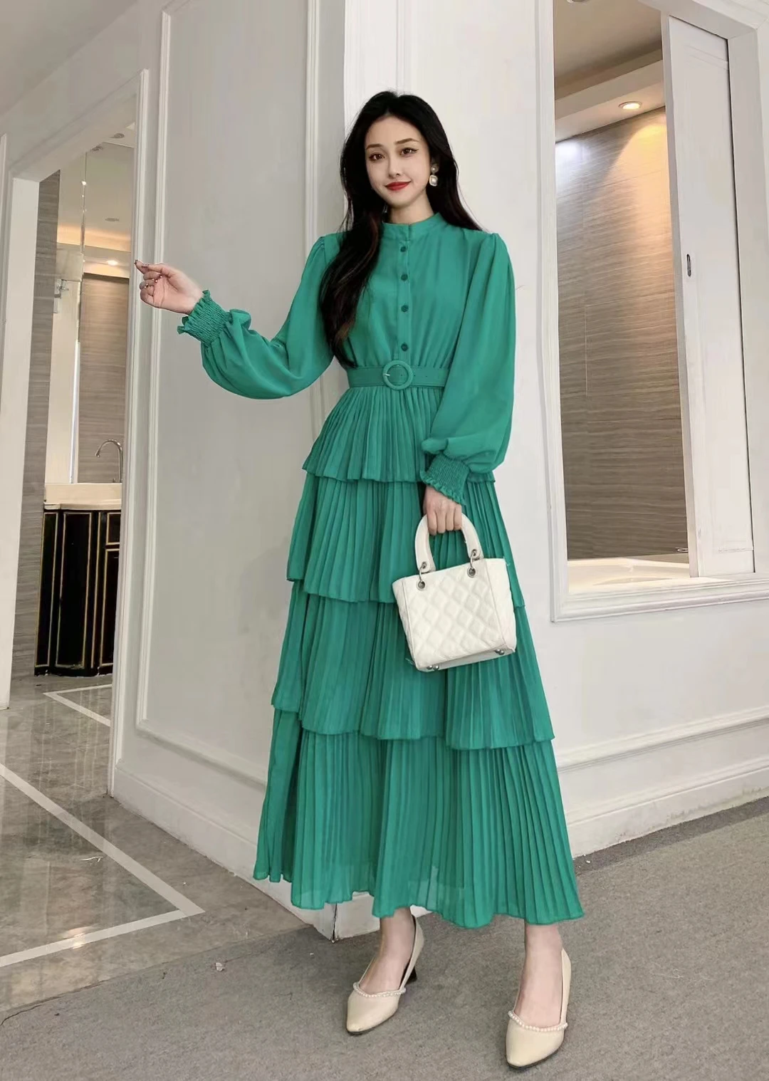 2024 New Spring Autumn Women Long Sleeve Belt Slim Long Dress High Quality Sweet Pleated Cake Hem Evening Party Dress