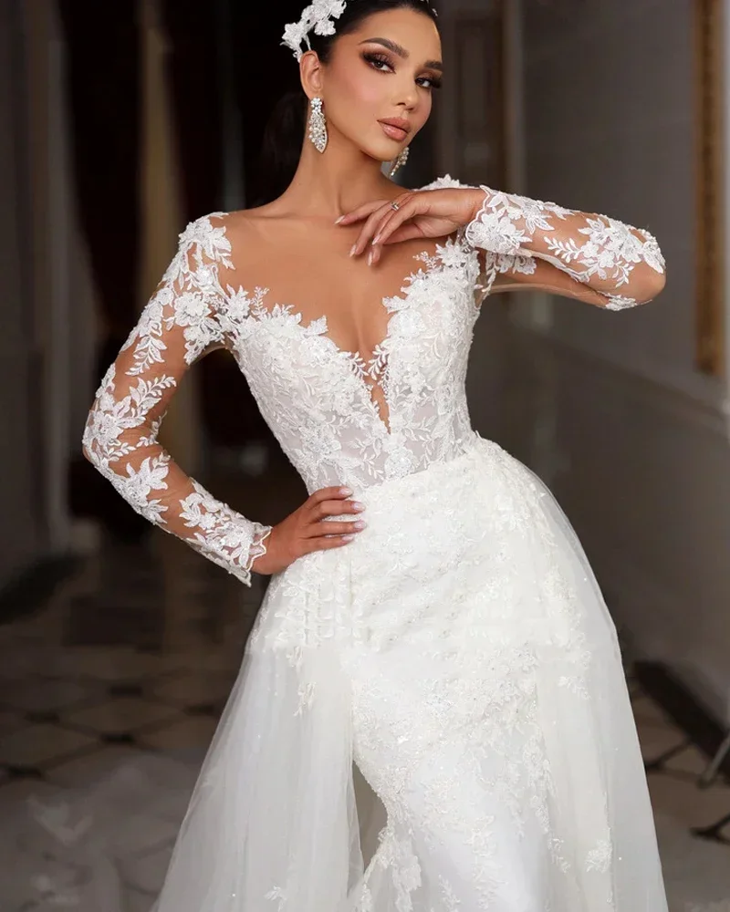 Abito da sposa romantico personalizzato a sirena a maniche lunghe Splendide applicazioni di perline Abito da sposa con strascico staccabile Abiti De
