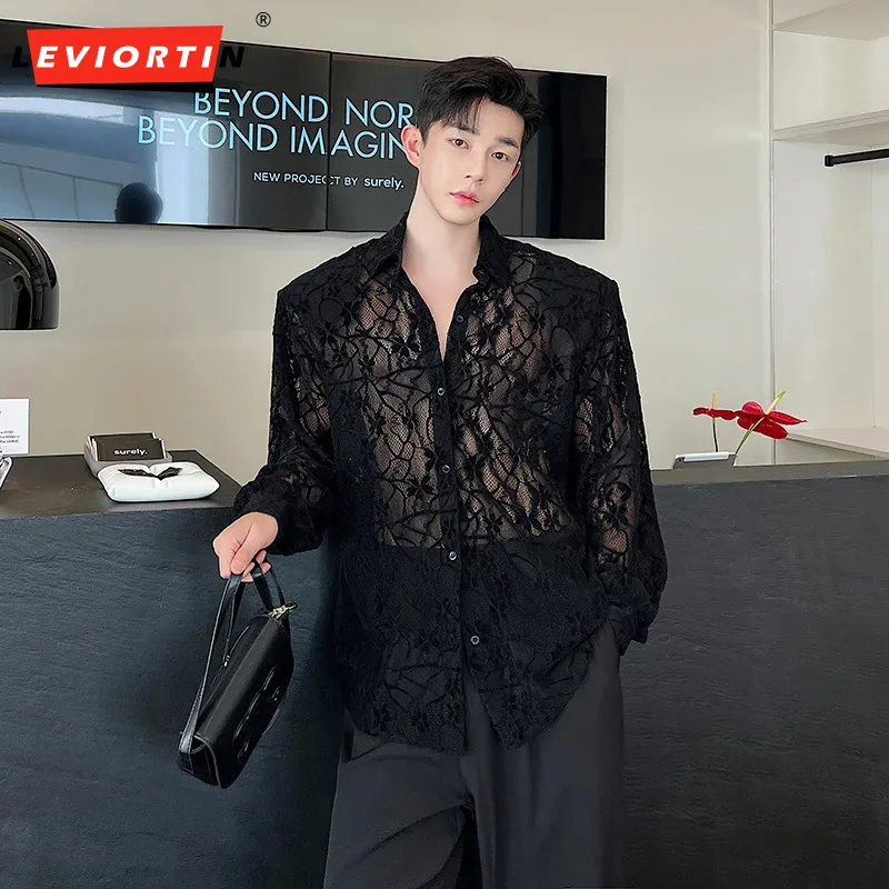 

Chic Men Shirt Mesh Lace Transparent Hollowed Out Abstinence Style Lapel Long Sleeve Camisas Korean Style Fashion Men Clothing