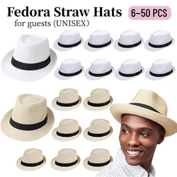 6-50pcs Straw Fedora Hats for Men Women Short Brim Sun Panama Hats Unisex Sun Beach Hat Wedding Havana Party Favor for Guests