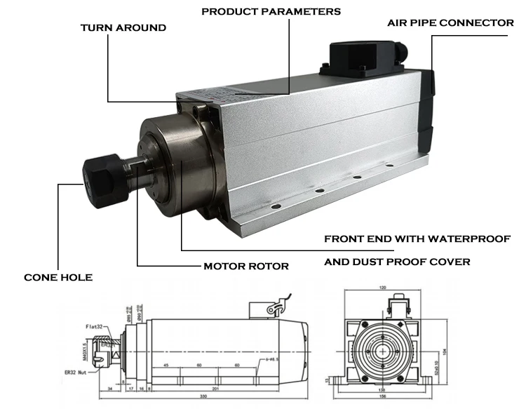 ATC Air Cooled Spindle Motor 4.5KW 18000/24000rpm ISO30 Collet And Can Be Used In Engraving Machines