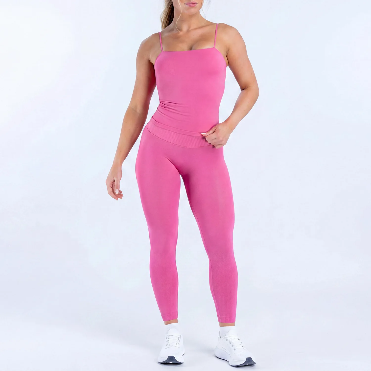 NOLOGO Women yoga set long slim waistband vest elastic short sleeved top+tight fitting fitness pants Pilates training sportswear