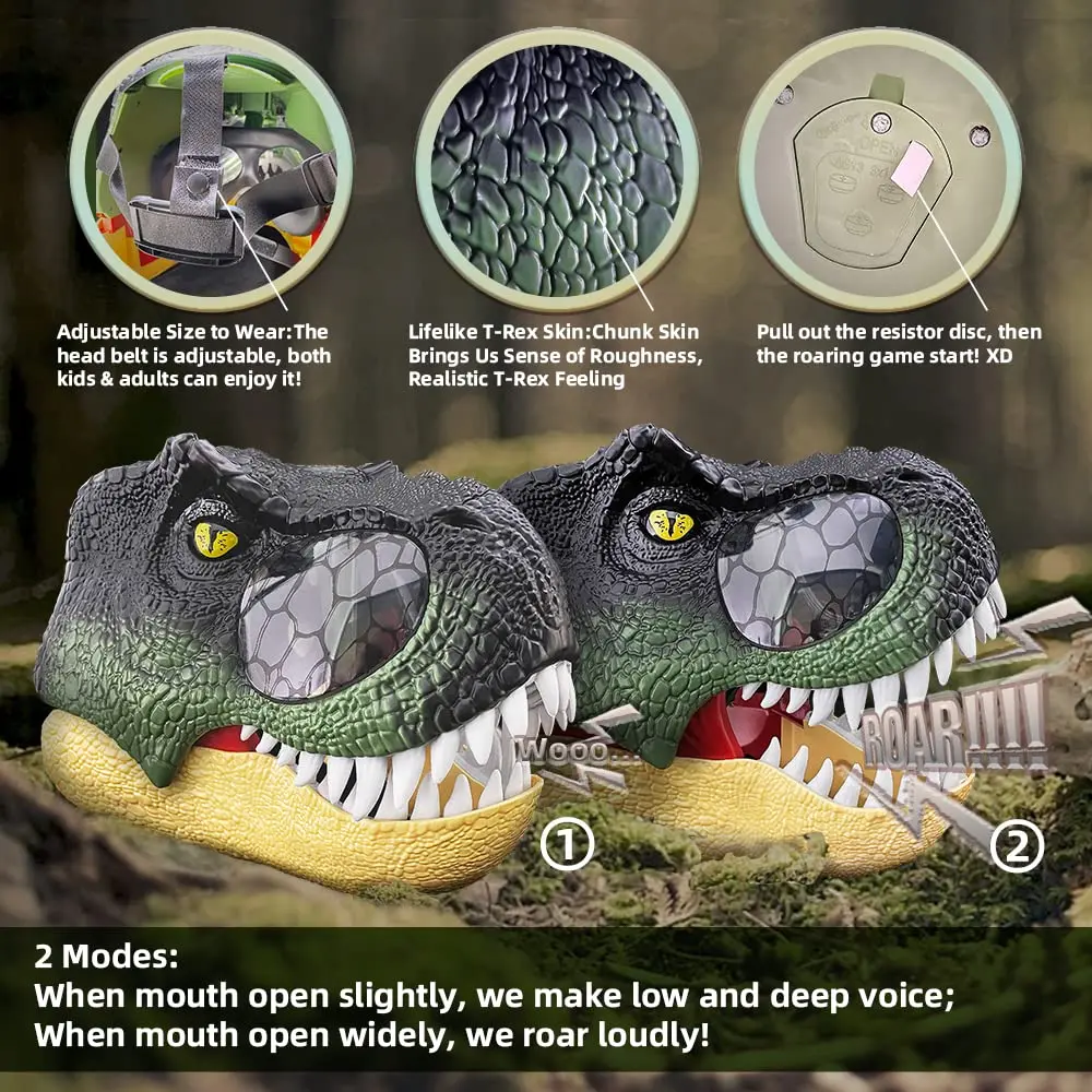 P-jsmen Led Lighted Eyes T-Rex Mask Sounds Dinosaur Mask Realistic Teeth Movable Jaw Open Mouth Halloween Party Cosplay Props