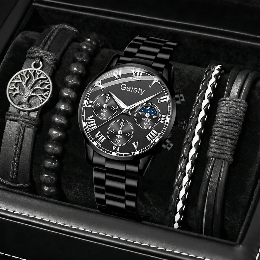 

Набор из 5 черных мужских кварцевых наручных часов из сплава, минималистичные, роскошные, винтажные, элегантные, в стиле Y2K, для вечеринок, праздников, подарок