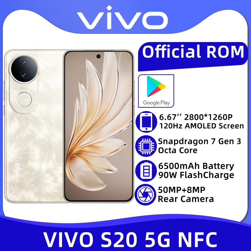 Восьмиядерный смартфон VIVO S20 5G NFC Snapdragon 7 Gen 3, задняя камера 50 МП, 6,67 дюйма, 120 Гц, AMOLED-экран, 90 Вт, FlashCharge, 6500 мАч