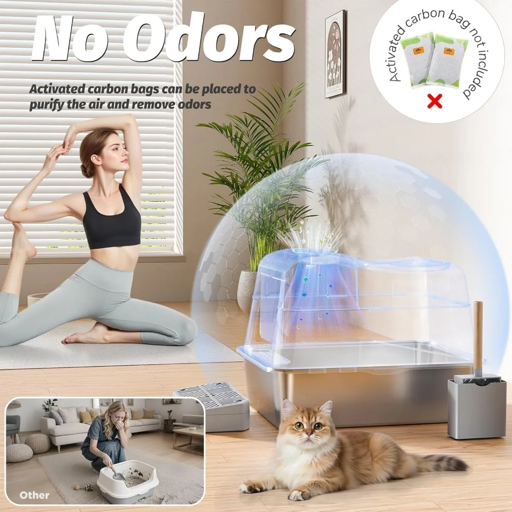 Caja de arena cerrada de entrada superior XXL para gatos grandes con 110 °   Características de tapa abatible y desodorización